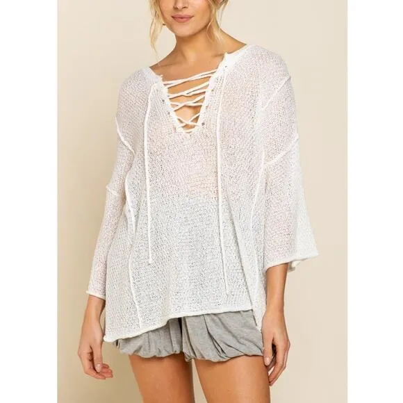 NWT POL Women's Lace-up V-Neck Raw Edge Lightweight Knit Tunic Top Sweater