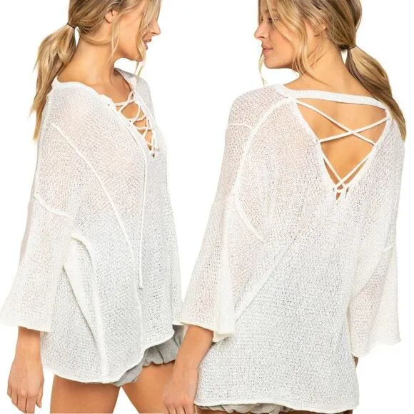 NWT POL Women's Lace-up V-Neck Raw Edge Lightweight Knit Tunic Top Sweater