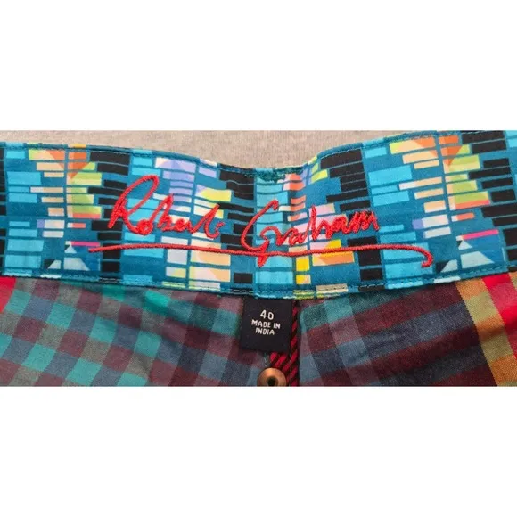 NWT Robert Graham Mens Shorts Sz 40 Aqua Sunspot Check Chino Preppy 9&quot; Inseam