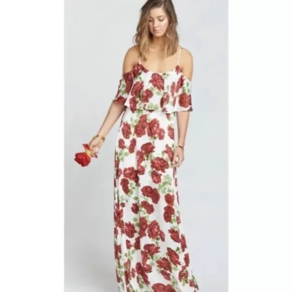 NWT SHOW ME YOUR MUMU Caitlin Ruffle Maxi Dress Antique Rose Chiffon, Size Small