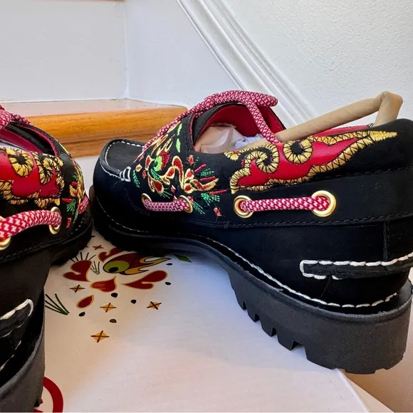 NWT Timberland x CLOT 3-Eye Boat Shoe Embroidered Hand-sewn black loafer shoes