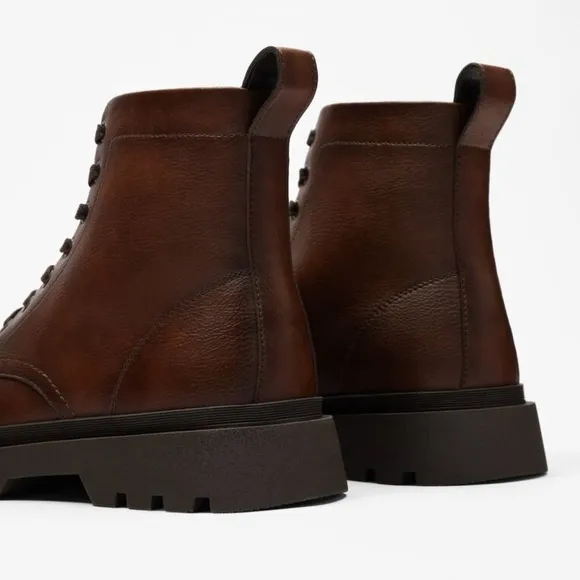 NWT. Zara Man Brown Faux Leather Lace-Up Combined Boots. Size 8, 9, 10, 11.
