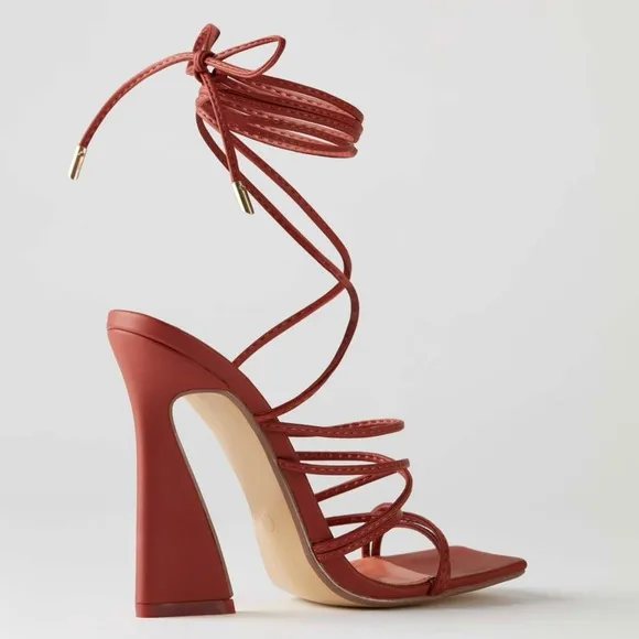 Oh Polly Bound to You Leatherette Lace Up Heels Sandals‎ in Terracotta Size 8.5