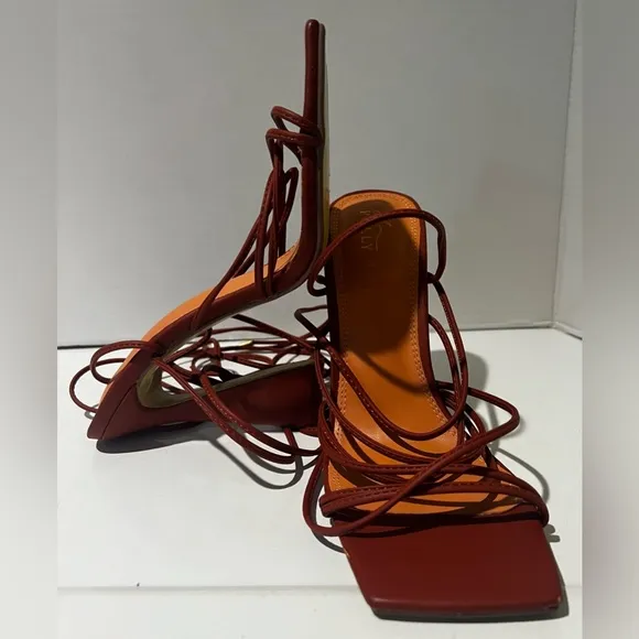 Oh Polly Bound to You Leatherette Lace Up Heels Sandals‎ in Terracotta Size 8.5