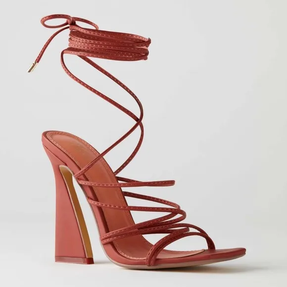Oh Polly Bound to You Leatherette Lace Up Heels Sandals‎ in Terracotta Size 8.5
