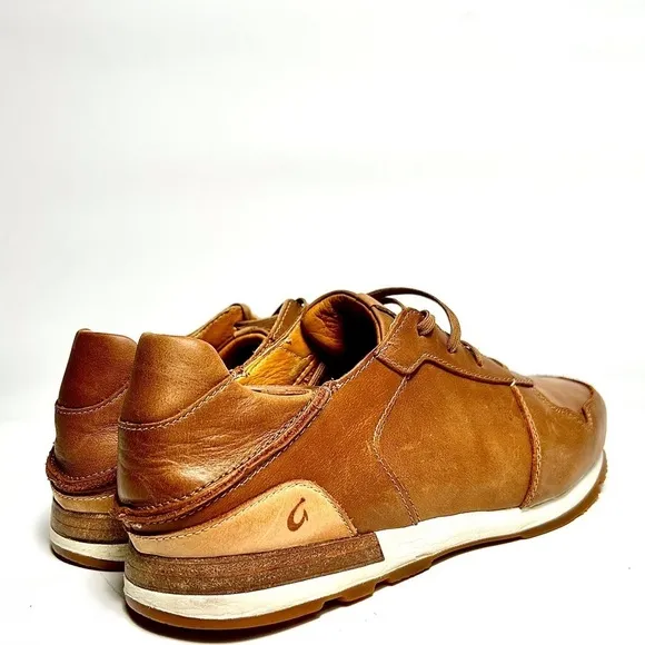 OluKai HUAKA'I LI Tan Leather Drop Heel Boat Shoe Lace Up Shoe Mens 12