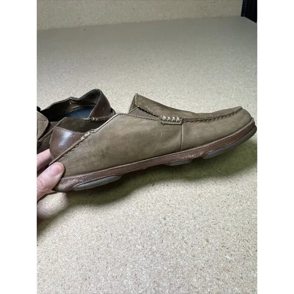 OluKai Moloa Brown Leather Collapsible Heel Loafers Shoes Mens Size 10.5