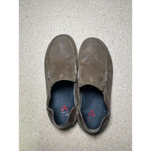 OluKai Moloa Brown Leather Collapsible Heel Loafers Shoes Mens Size 10.5