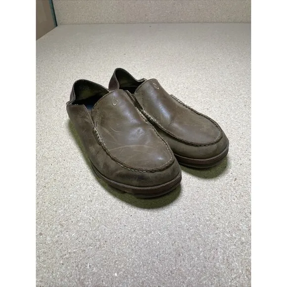 OluKai Moloa Brown Leather Collapsible Heel Loafers Shoes Mens Size 10.5