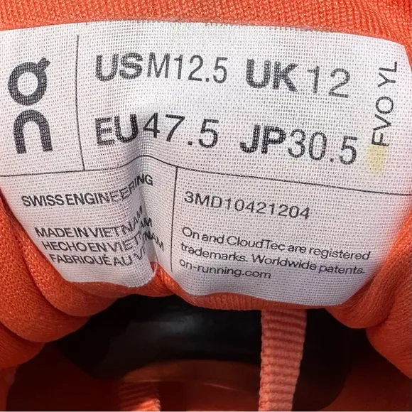 On Running Cloudsurfer Flame White Orange Shoe - Size 12.5 Men’s (3MD10421204)