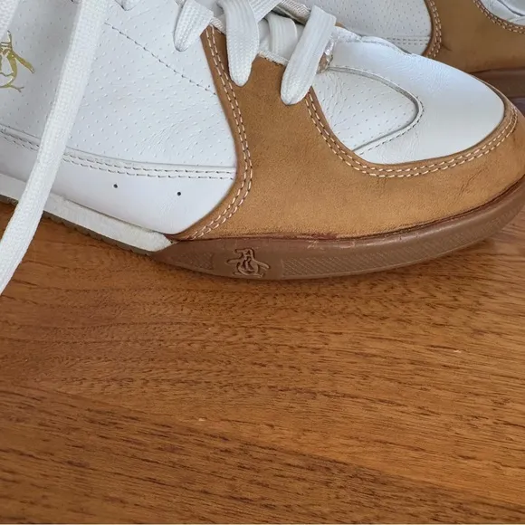 Original Penguin Harrison Leather Sneakers White Tan Gold Logo Lace Up Shoes 9
