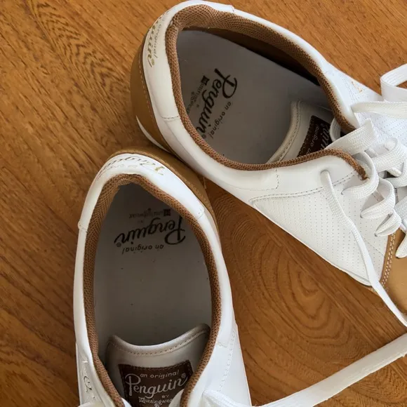 Original Penguin Harrison Leather Sneakers White Tan Gold Logo Lace Up Shoes 9