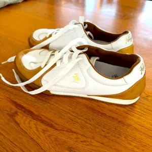 Original Penguin Harrison Leather Sneakers White Tan Gold Logo Lace Up Shoes 9
