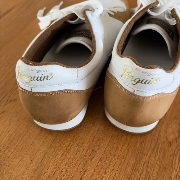 Original Penguin Harrison Leather Sneakers White Tan Gold Logo Lace Up Shoes 9