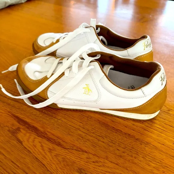 Original Penguin Harrison Leather Sneakers White Tan Gold Logo Lace Up Shoes 9