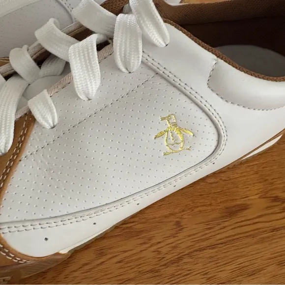 Original Penguin Harrison Leather Sneakers White Tan Gold Logo Lace Up Shoes 9