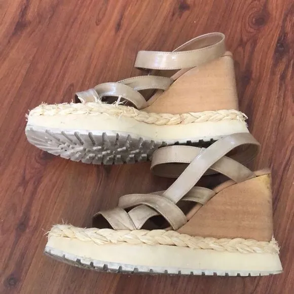 Paloma Barcelo wooden wedge shoes raffia leather 38