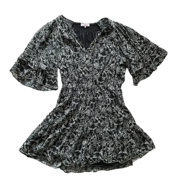 PARKER Lindsay Smocked Fit &amp; Flare Mini Dress Black | LARGE