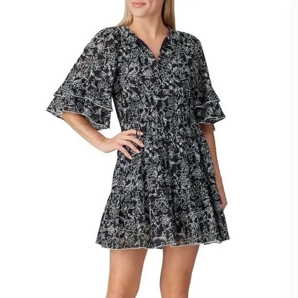 PARKER Lindsay Smocked Fit &amp; Flare Mini Dress Black | LARGE