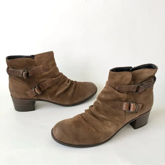 Paul Green Newbury Slouchy Burnished Brown Suede  Stacked Heel Ankle Boots