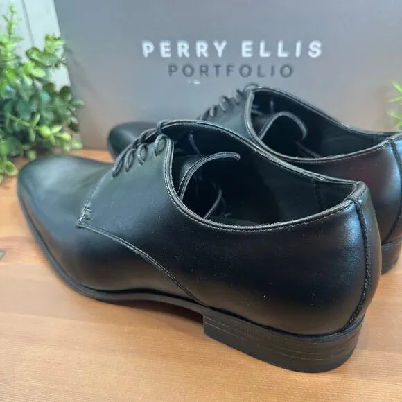 Perry Ellis Portfolio Black Leather Oxfords Shoes Size 8.5