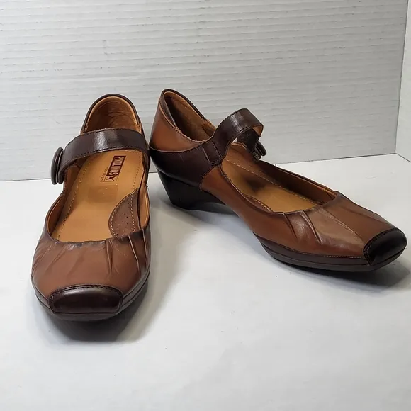 Pikolinos Gandia Shoes Womens 40/9.5 Brown Leather Heels Strap Square Toe