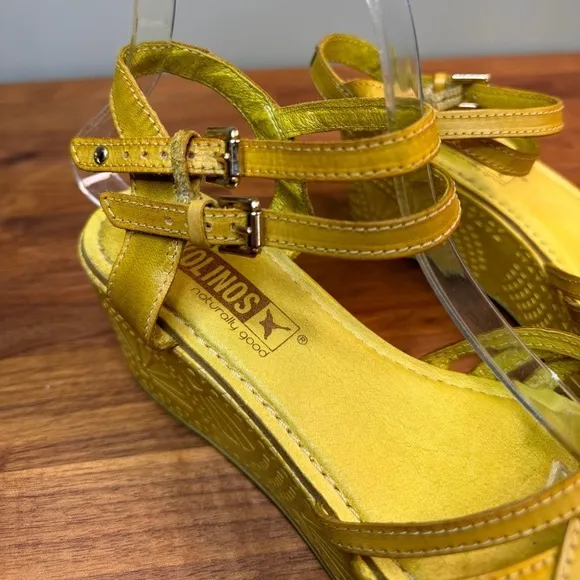Pikolinos Yellow Leather Wedge Sandal Buckle Embossed Size 40