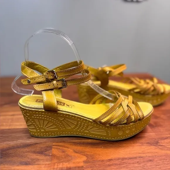 Pikolinos Yellow Leather Wedge Sandal Buckle Embossed Size 40