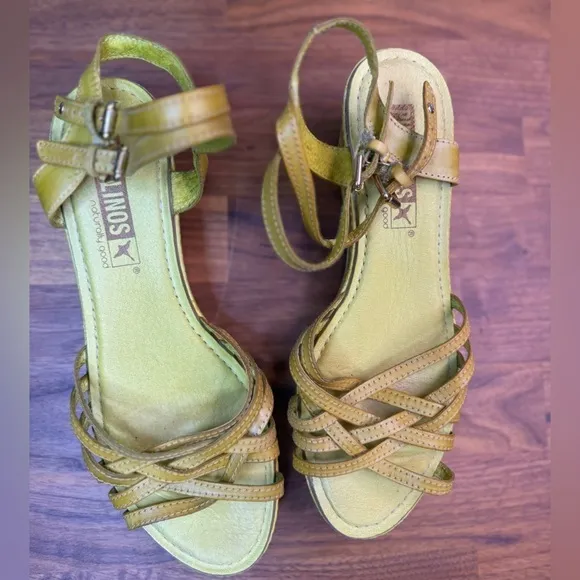 Pikolinos Yellow Leather Wedge Sandal Buckle Embossed Size 40
