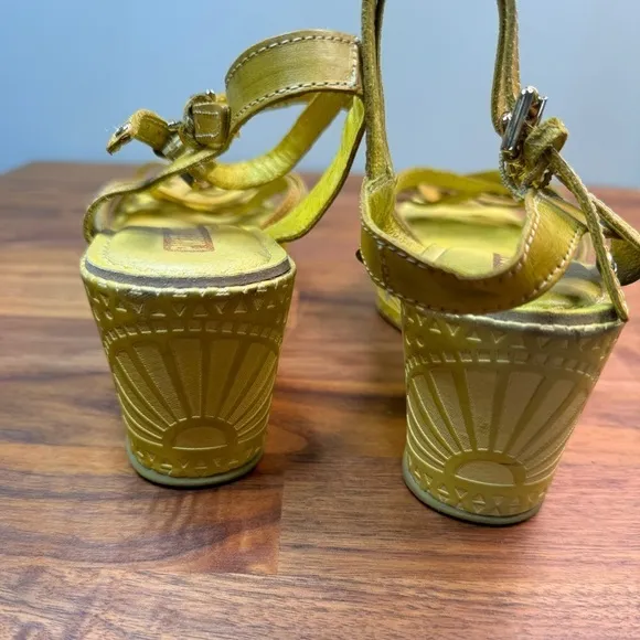 Pikolinos Yellow Leather Wedge Sandal Buckle Embossed Size 40