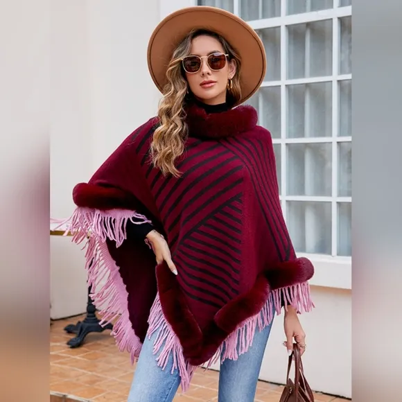 Plush Faux Fur Retro Fringe Stripe Pullover Oversized Warm Knit Poncho Cardigan