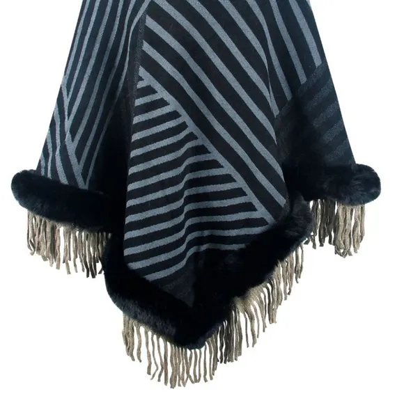 Plush Faux Fur Retro Fringe Stripe Pullover Oversized Warm Knit Poncho Cardigan
