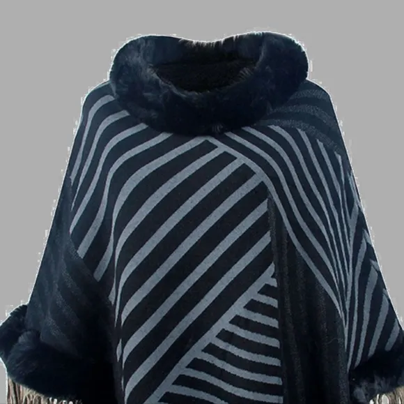 Plush Faux Fur Retro Fringe Stripe Pullover Oversized Warm Knit Poncho Cardigan