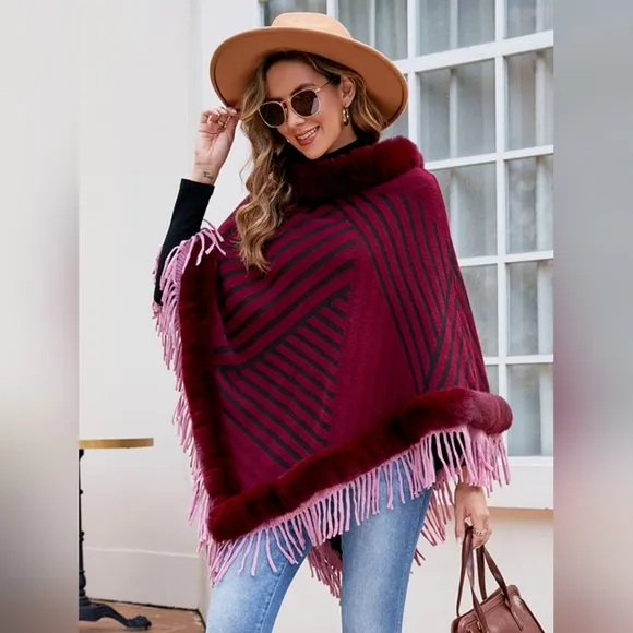 Plush Faux Fur Retro Fringe Stripe Pullover Oversized Warm Knit Poncho Cardigan