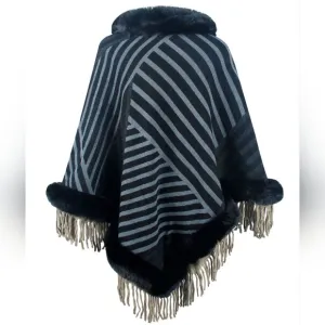 Plush Faux Fur Retro Fringe Stripe Pullover Oversized Warm Knit Poncho Cardigan
