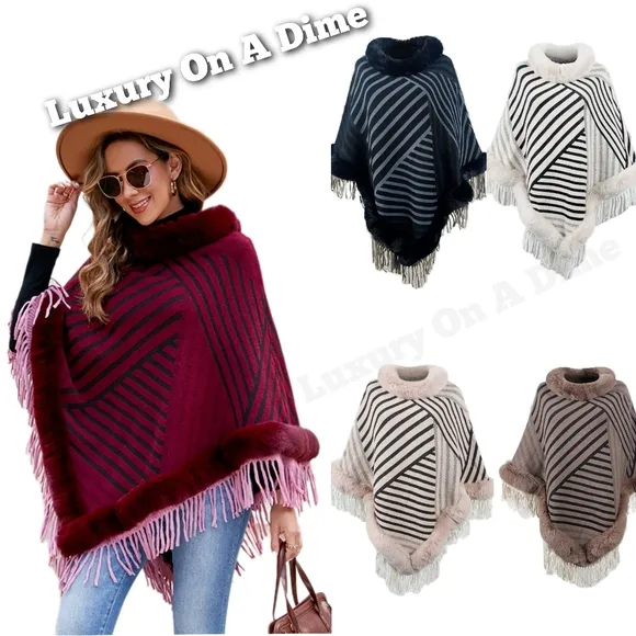 Plush Faux Fur Retro Fringe Stripe Pullover Oversized Warm Knit Poncho Cardigan
