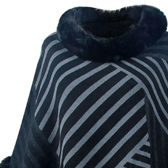 Plush Faux Fur Retro Fringe Stripe Pullover Oversized Warm Knit Poncho Cardigan