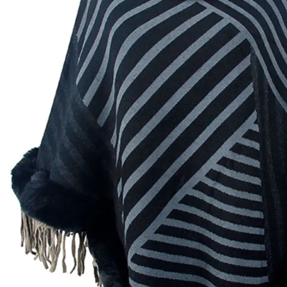 Plush Faux Fur Retro Fringe Stripe Pullover Oversized Warm Knit Poncho Cardigan