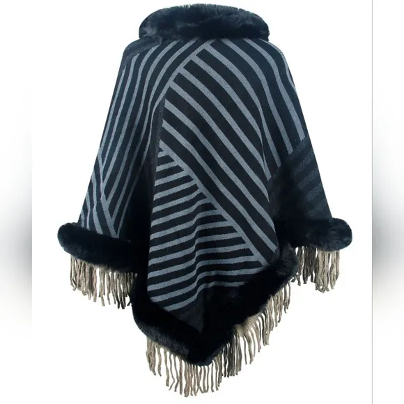 Plush Faux Fur Retro Fringe Stripe Pullover Oversized Warm Knit Poncho Cardigan