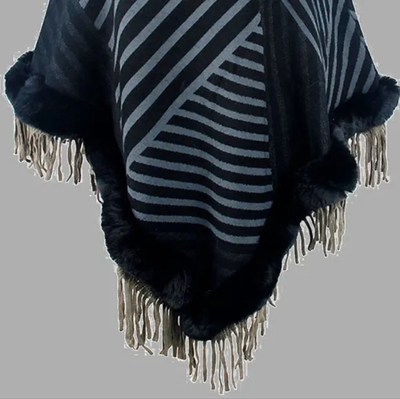 Plush Faux Fur Retro Fringe Stripe Pullover Oversized Warm Knit Poncho Cardigan