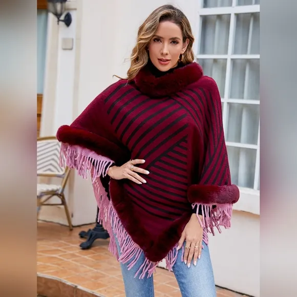 Plush Faux Fur Retro Fringe Stripe Pullover Oversized Warm Knit Poncho Cardigan