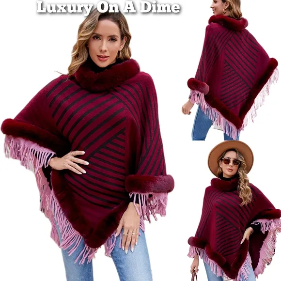 Plush Faux Fur Retro Fringe Stripe Pullover Oversized Warm Knit Poncho Cardigan
