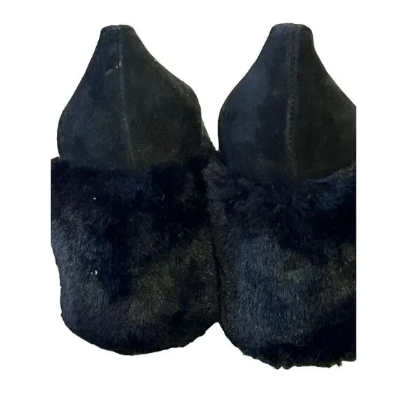 Pollini Faux Fur Covered Block Heel Pumps •Women 39/ 8.5• Black Suede Shoe ITALY