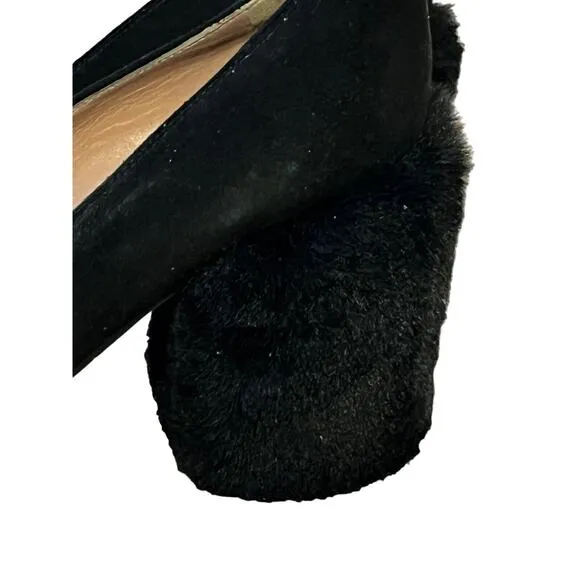 Pollini Faux Fur Covered Block Heel Pumps •Women 39/ 8.5• Black Suede Shoe ITALY