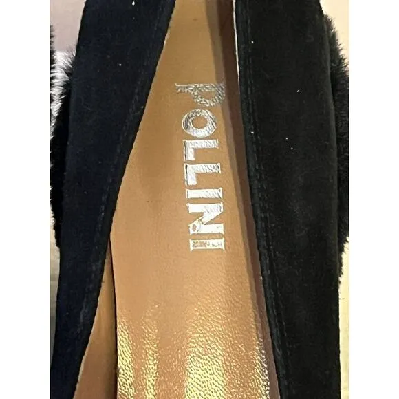 Pollini Faux Fur Covered Block Heel Pumps •Women 39/ 8.5• Black Suede Shoe ITALY