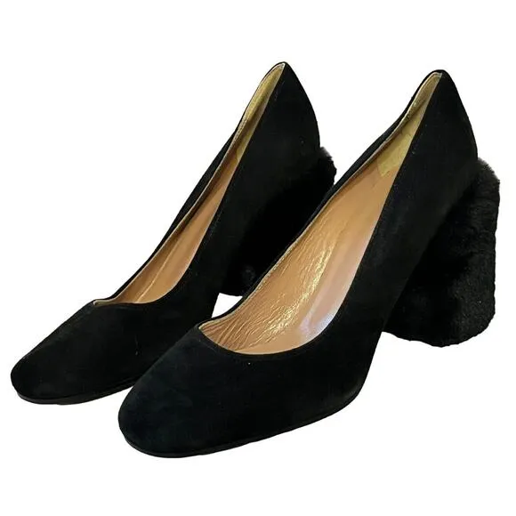 Pollini Faux Fur Covered Block Heel Pumps •Women 39/ 8.5• Black Suede Shoe ITALY