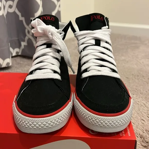 Polo Ralph Lauren Ballards Hi Shoes Sneakers new canvas black red Mens Size 8.5