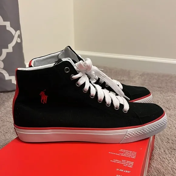 Polo Ralph Lauren Ballards Hi Shoes Sneakers new canvas black red Mens Size 8.5