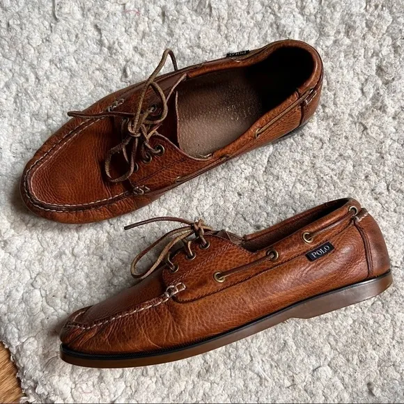 Polo Ralph Lauren Bienne Boat Tan Oiled Tumbled Leather Shoe Size 10
