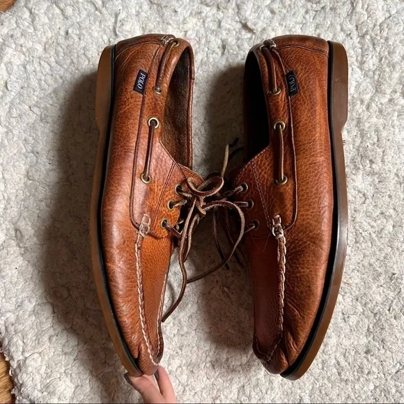 Polo Ralph Lauren Bienne Boat Tan Oiled Tumbled Leather Shoe Size 10